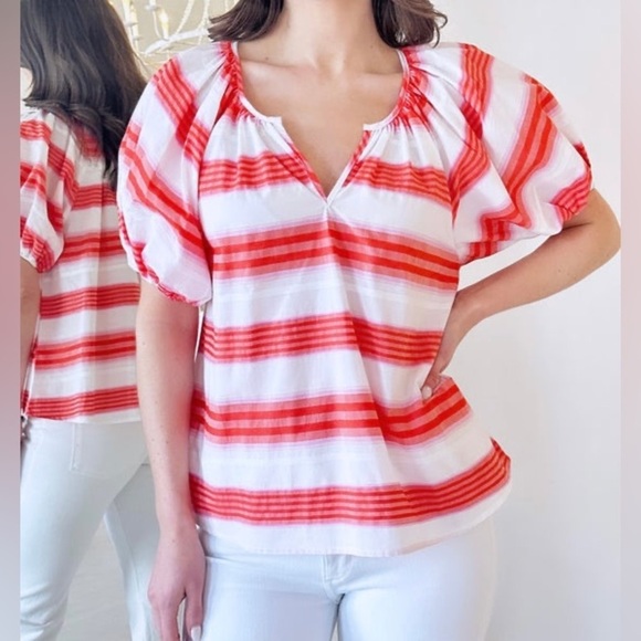 Never A Wallflower Gathered V-Neck Blouse Small Pink Orange Stripe Puff Sleeve‎ - Picture 8 of 8